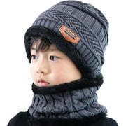 2 PCS Kids Boys Girls Winter Warm Knit Beanie Hat Cap and Scarf Set Thick Knit Skull Cap Fleece Knit Hat for 4-15 Years