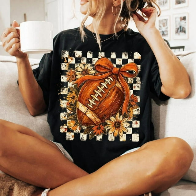 Fall Checker Football Shirt, Game Day Shirt Fall Vibes Shirt, Autumn Shirt Boho Floral Football Shirt Touchdown Season Shirt, Coquette Football Bow Shirt