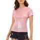 thumbnail image 1 of INSPIRAR CHIC Blusas de fiesta metálicas texturizadas de manga corta brillantes para mujeres S Rosa claro, 1 of 6