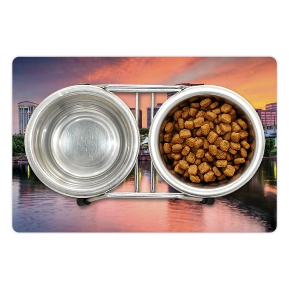 United States Pet Mat for Food and Water, Water Reflection in Evening Urban City Hartford Connecticut Tranquil Sunset, Non-Slip Rubber Mat for Dogs and Cats, 18" X 12", by Ambesonne