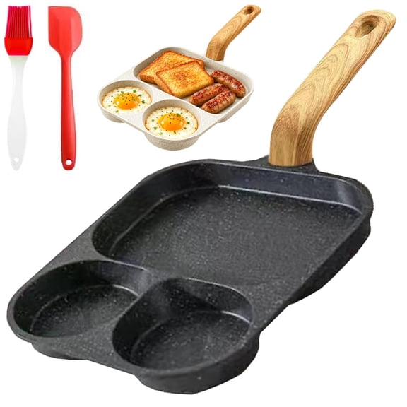 3-Compartment Non-Stick Pan, 3-Compartment Divided Frying Pan, 3-In-1 Split Non-Stick Multi-Section Cooking Pans, Suitable for Gas and Induction Stove, Breakfast Frying Pans for Egg, Bacon