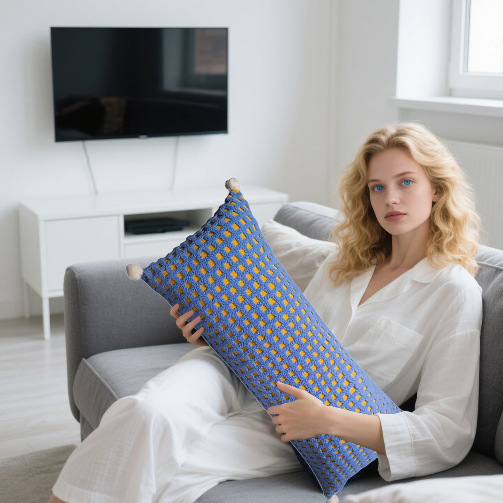 Coollooc Bed Pillow Long Round Body Pillow for Adults with Removable Velvet Cover Decorative Pillow Long Sofa/Couch Pillow Support Pillow for Neck Leg Bed Pillow(Blue)