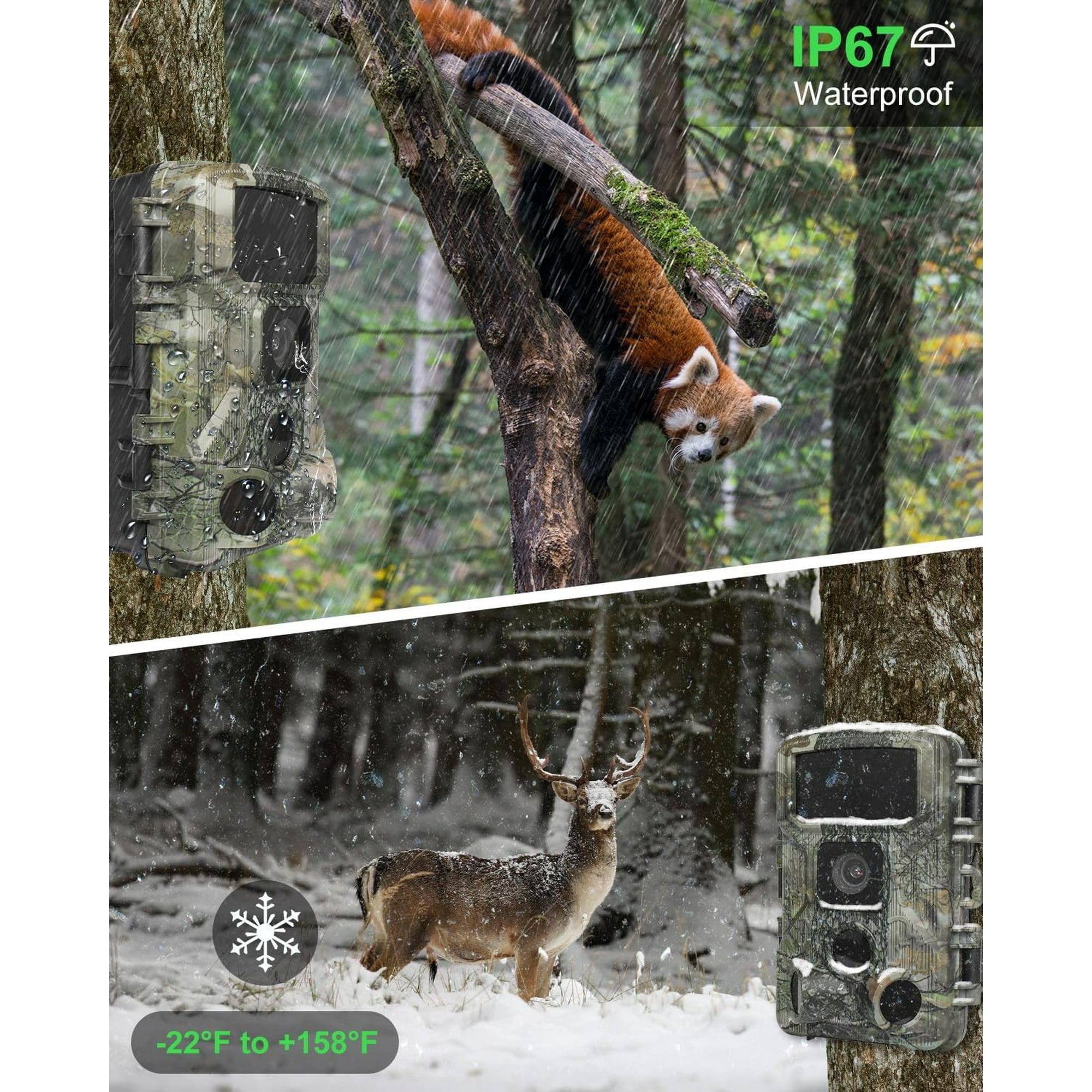 KJK Trail Camera,WiFi Trail Cam 4K 64MP Game Camera 64GB Memory Card 8 Batteries with Night Vision, IP67 Waterproof, 0.05s Trigger Speed and 130°Wide-Angle 45pcs Infrared LEDs for Wildlife Monitoring