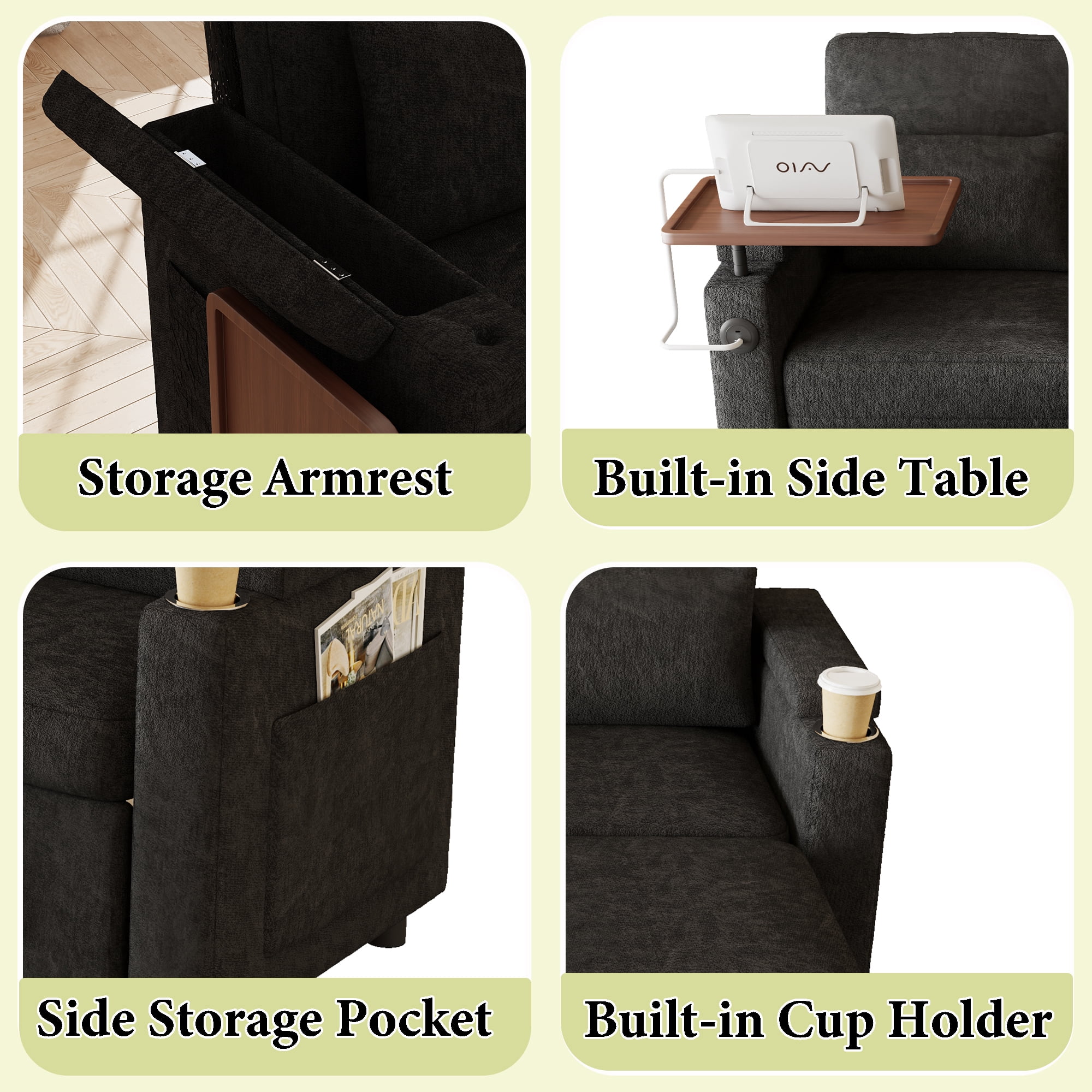 83" 3-in-1 Chenille Foldable Sofa Bed with Electric Chair,USB Ports,Table Board,Storage Armrests & Adjustable Backrest,3-Seater Sleeper,Black