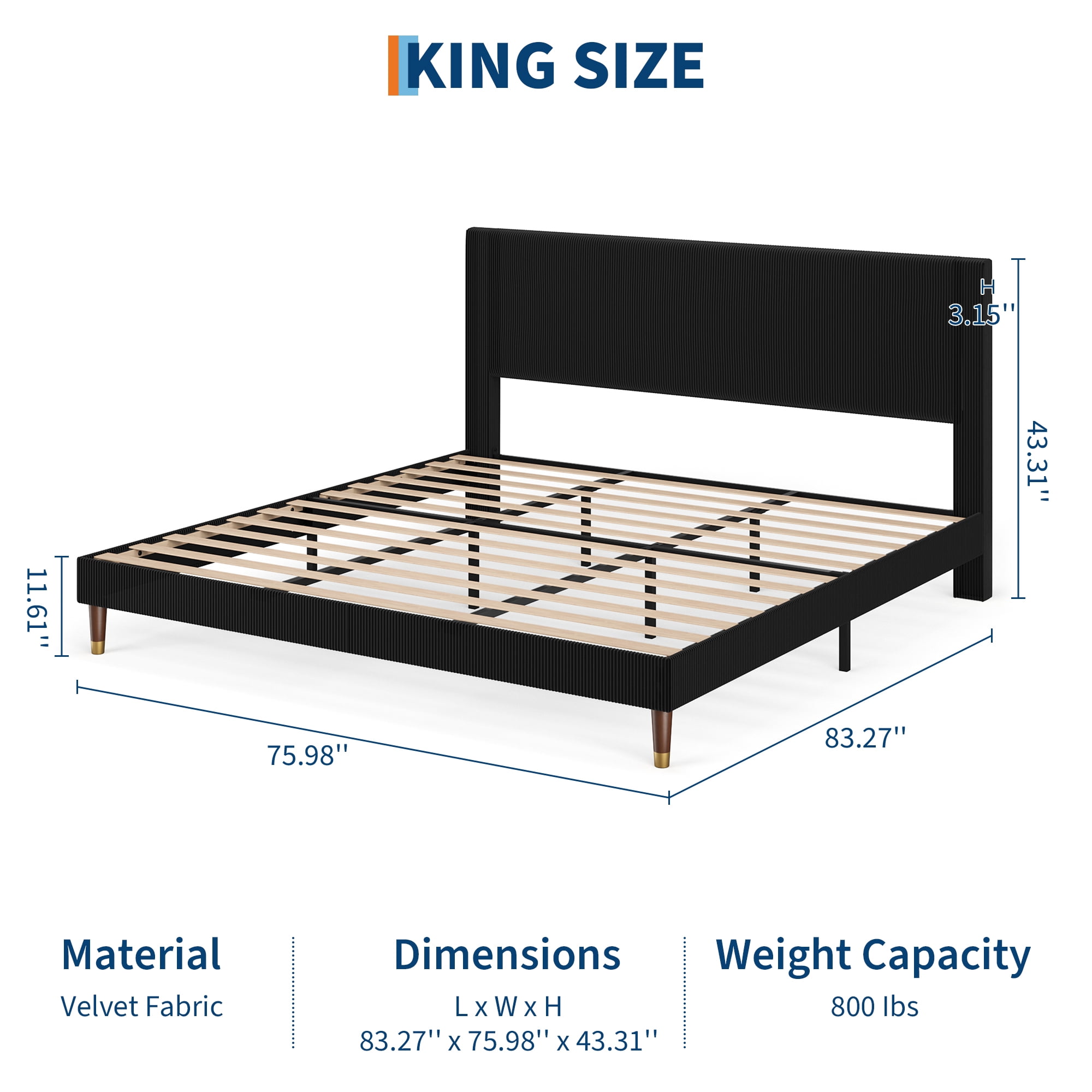 King Size Corduroy Bed Frame with Headboard, Heavy Duty Wood Slats, Noise-Free & Easy Assembly, No Box Spring Needed, Modern for Bedroom, Guest Room, Apartment
