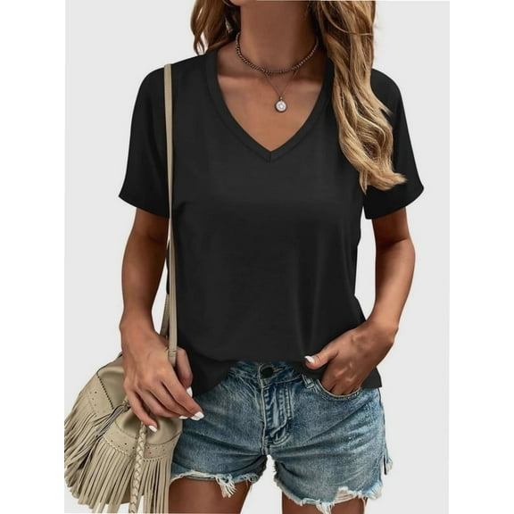 Women's T Shirts V Neck Casual Short Sleeve Summer Basic Tops Tees