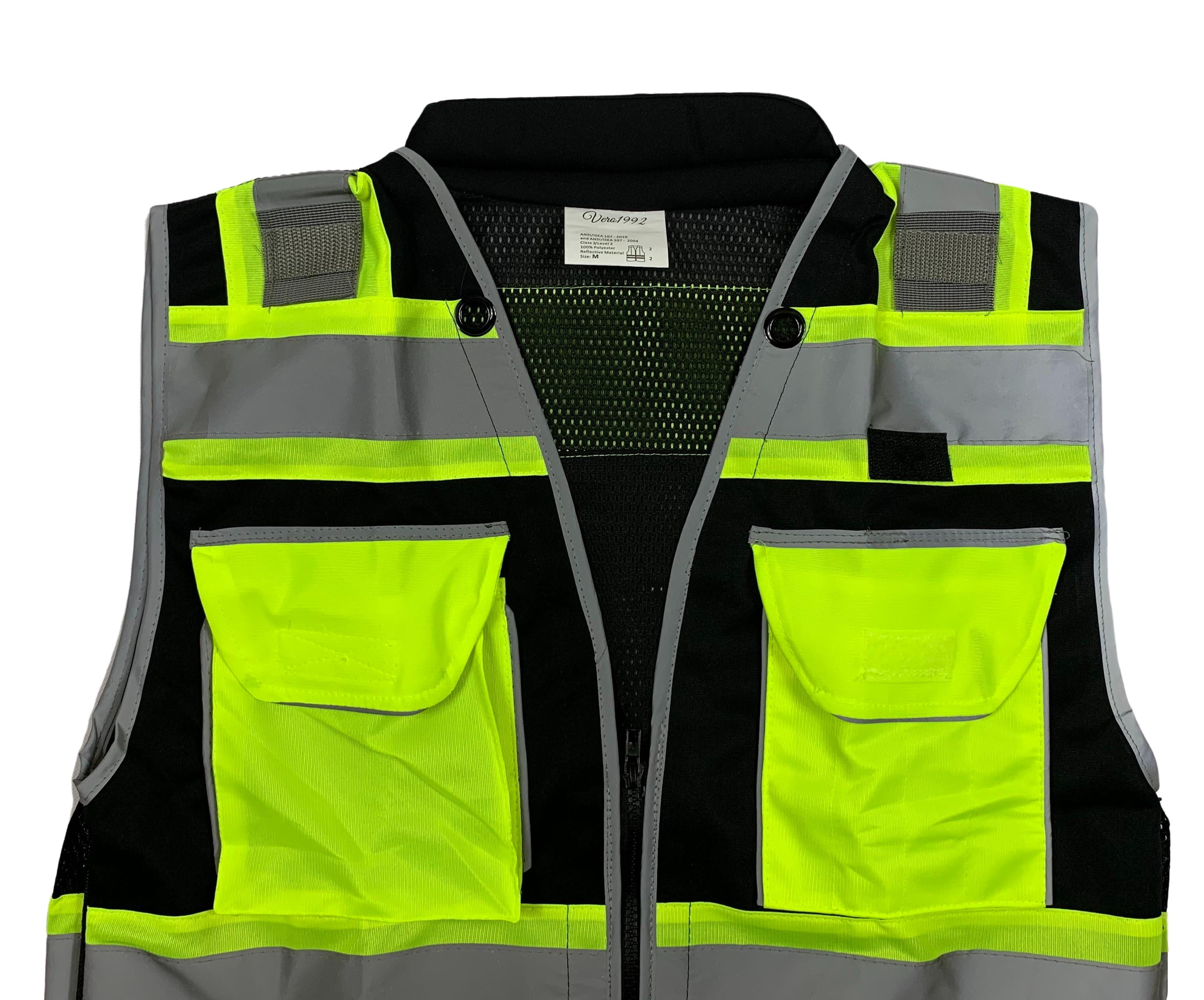 Medium, Black//Yellow Vero1992 E Engineer Safety Vest High Visibility Reflective Black Series Mesh with Zipper and pockets