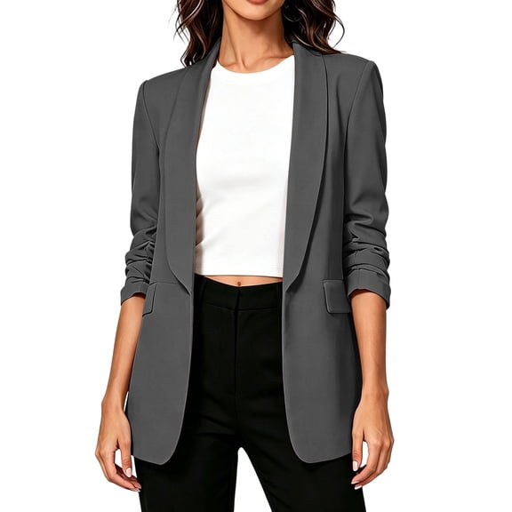 thefmos Women Plus Size Fall Winter Long Sleeve Open Front Blazer Business Work Blazer Jacket Casual Dressy Basic Office Cardigan Tops Travel Outwear, Dark Gray M