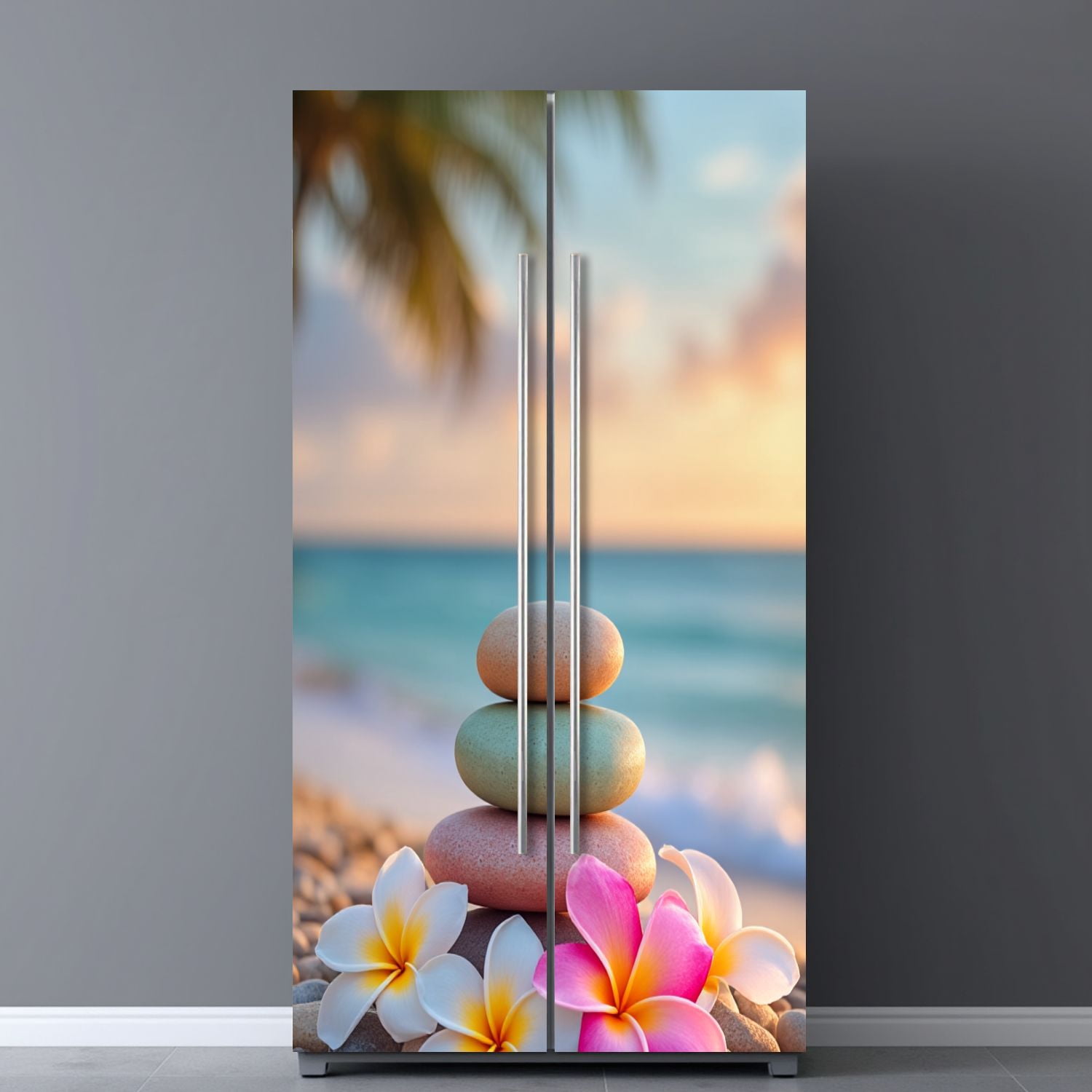Self Adhesive Vinyl Refrigerator Wrap Set Zen Stones Plumeria Flowers Tropical Beach Sunset Spiritual Door Mural Removable Fridge Sticker Peel and Stick&nbsp;Full Door Cover Decal Kitchen Bar Decor