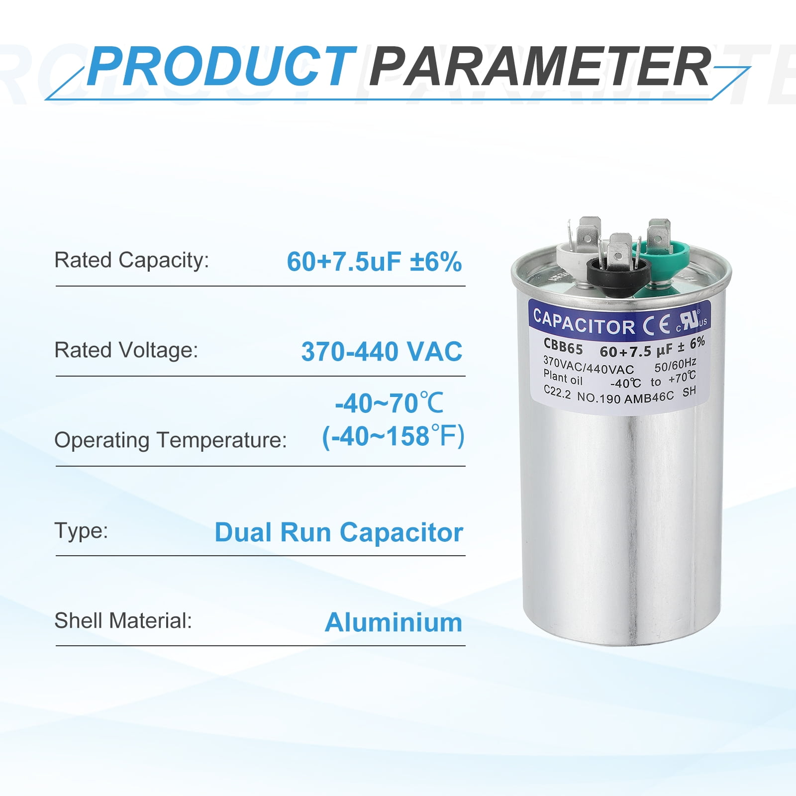 Uxcell CBB65 Capacitor, 60+7.5uF 370-440 VAC 50/60Hz Aluminium CBB65 Air Conditioner Motor Starting Round Capacitor for HVAC Systems, Air Conditioner, Heat Pump