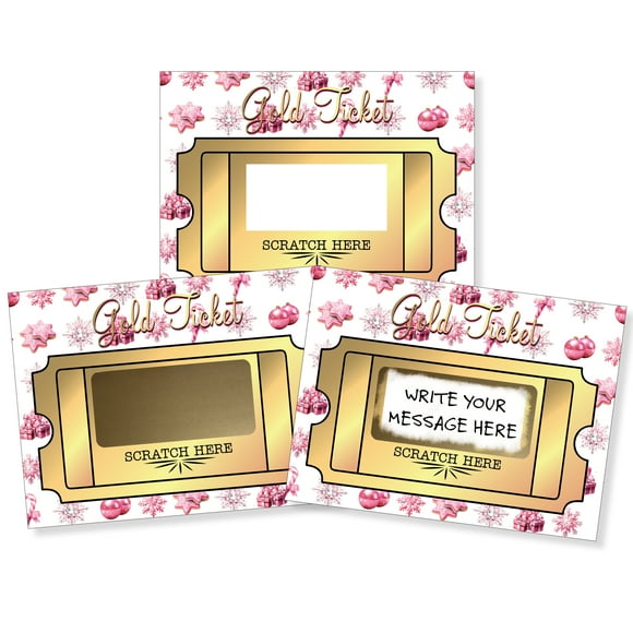 DIY Christmas Gold Ticket Pink 50 Cards - 50 Pack (50 Cards/50 Scratch Off Stickers)