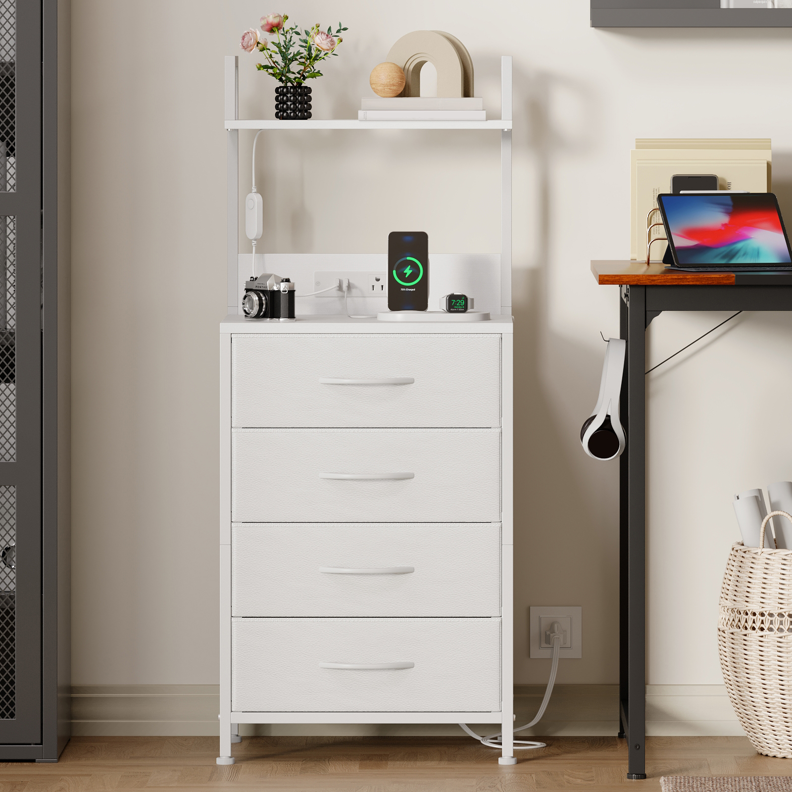 Eunos Tall Nightstand with Charging Station, White Dresser with 4 Drawers and Storage Shelves for Bedroom