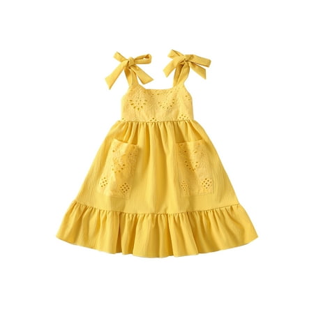 

aturustex Toddler Girl Summer Suspender Dresses Solid Color Cutout Floral Ruffled Sleeveless Dresses