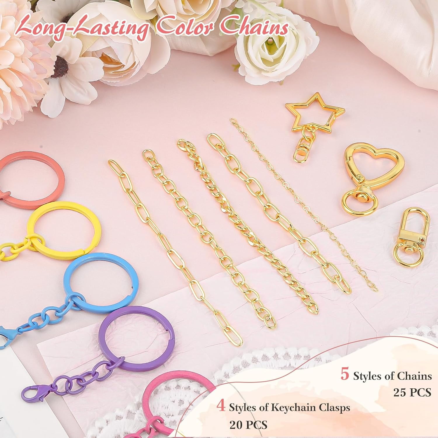 Keychain Making Kit 354 Pcs — Bag Charm Kit with 136 Charms, 25 Extender Chains, 20 Keychain Clips, Beading Accessories ＆ Jewelry Pliers — DIY Crafting and Jewelry Making for Adults