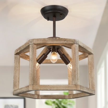

Modern Farmhouse 3-Light Geometric Wood Semi Flush Mount Ceiling Light - D14 x H15