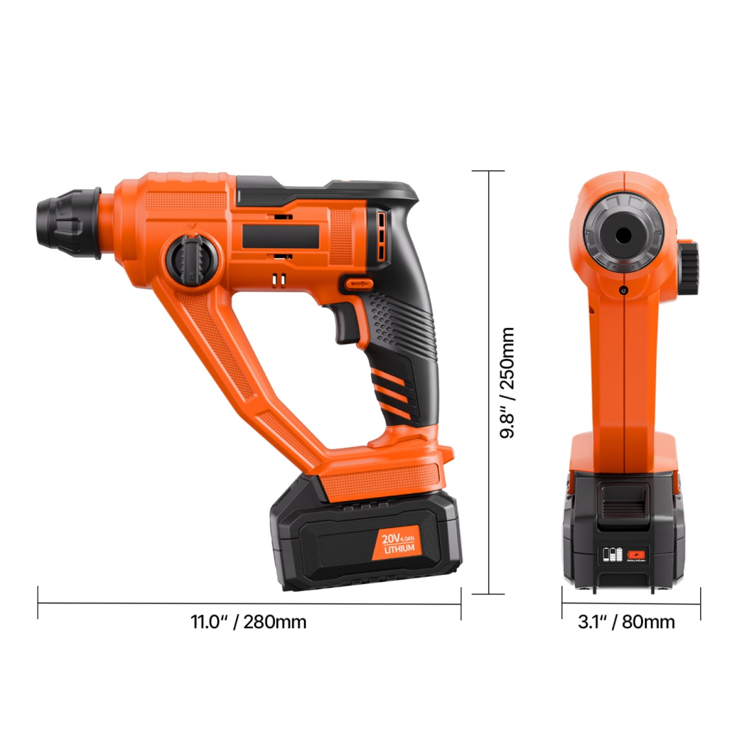 2 Functions 20V Cordless Rotary Hammer Drill 06 Inch Max Drilling Diameter Steel Construction Heat Dissipation Design