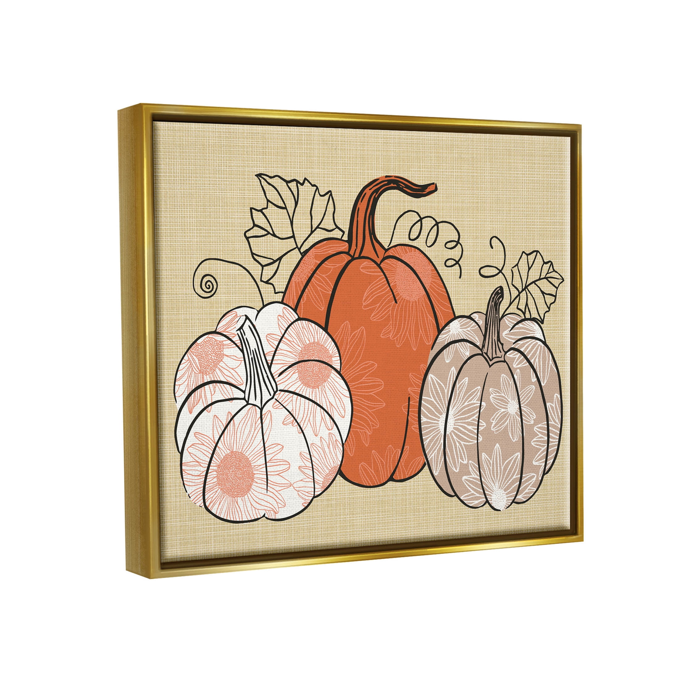 Autumnal Pumpkins Sunflower Pattern Holiday Graphic Art Metallic Gold Framed Art Print Wall Art