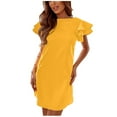thumbnail image 1 of Robes d'Été pour Femmes Col Rond Couleur Unie Manches à Volants Mini Robe Décontractée Coupe Ample Ligne Courte de Plage, 1 of 7