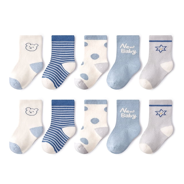 Laklulu 5 pares de calcetines de algodón para bebés recién nacidos con flores pequeñas de cerezo y primavera y verano - Serie Blue Bear
