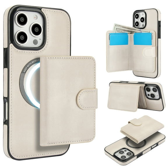 2 in 1 Detachable Magnetic Phone Cases Compatible with iPhone 16 Pro, with Credit Card Holder, Classic Durable Premium PU Leather Kickstand Rugged Flip Cover for Women Men, White