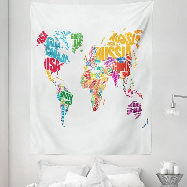 World Map Tapestry Atlas Theme Names Of The Countries Europe America Africa Asia Graphic Style Fabric Wall Hanging Decor For Bedroom Living Room Dorm 5 Sizes Multicolor By Ambesonne Com - Room Decor Theme Names