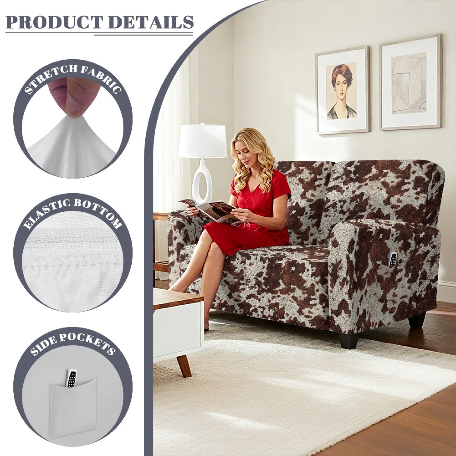 Xoenoiee Brown Cow Pattern 6-Piece Recliner Sofa Covers Stretch Reclining Couch Covers for 2 Cushion Reclining Sofa Slipcovers Furniture Covers Thick Soft Washable