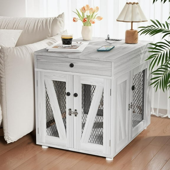VOWNER Dog Crate Furniture, Wooden Dog Kennel End Table with USB Charging Station, Storage Drawer, Double Latched Door, Furniture-Style Crate Side Table for Medium Dogs Under 40 lbs Indoor, Gray Pine