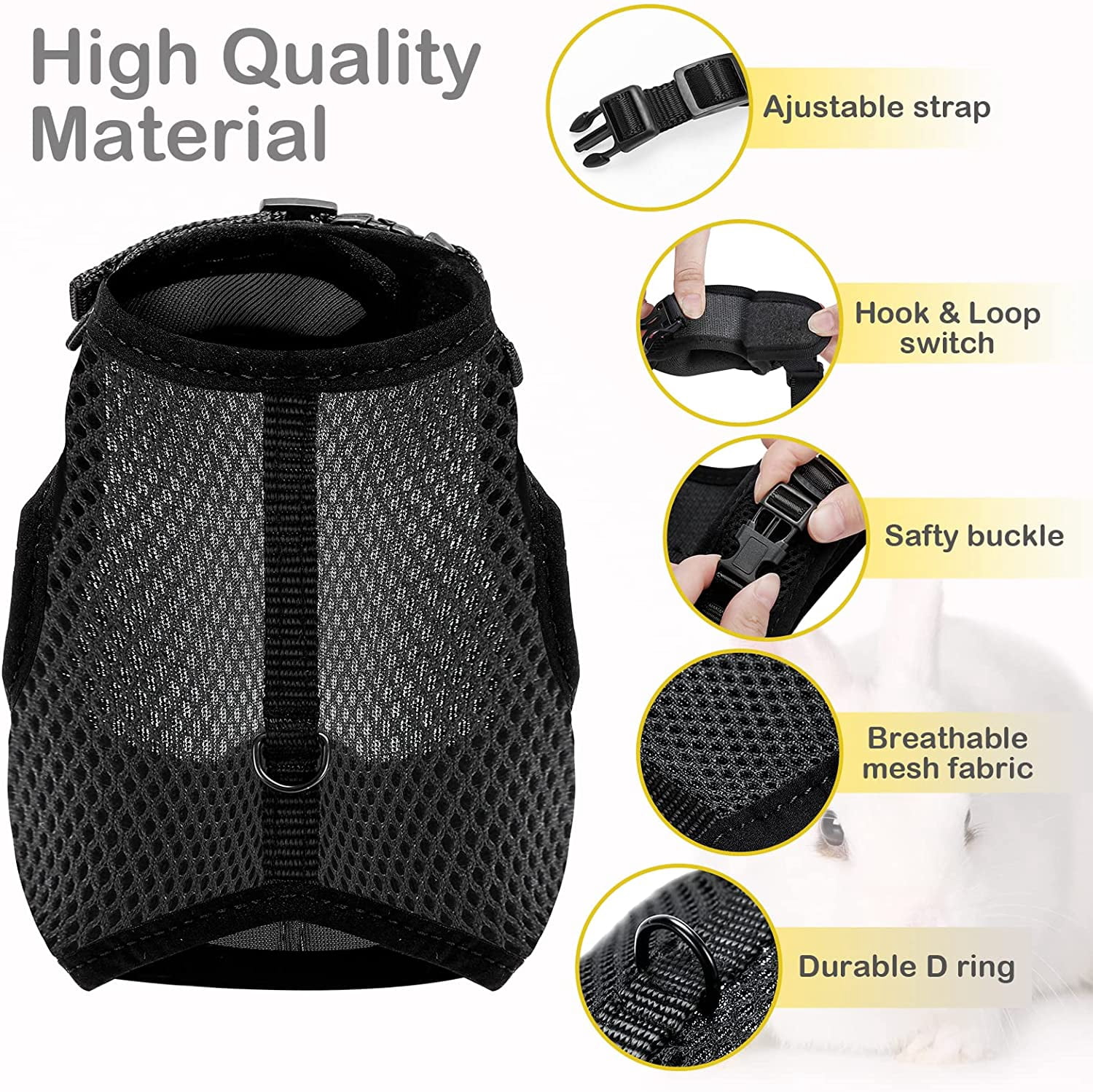Bunny Rabbit Harness with Stretchy Leash Cute Adjustable Buckle Breathable Mesh Vest for Kitten Small Pets Walking (Black,XS)