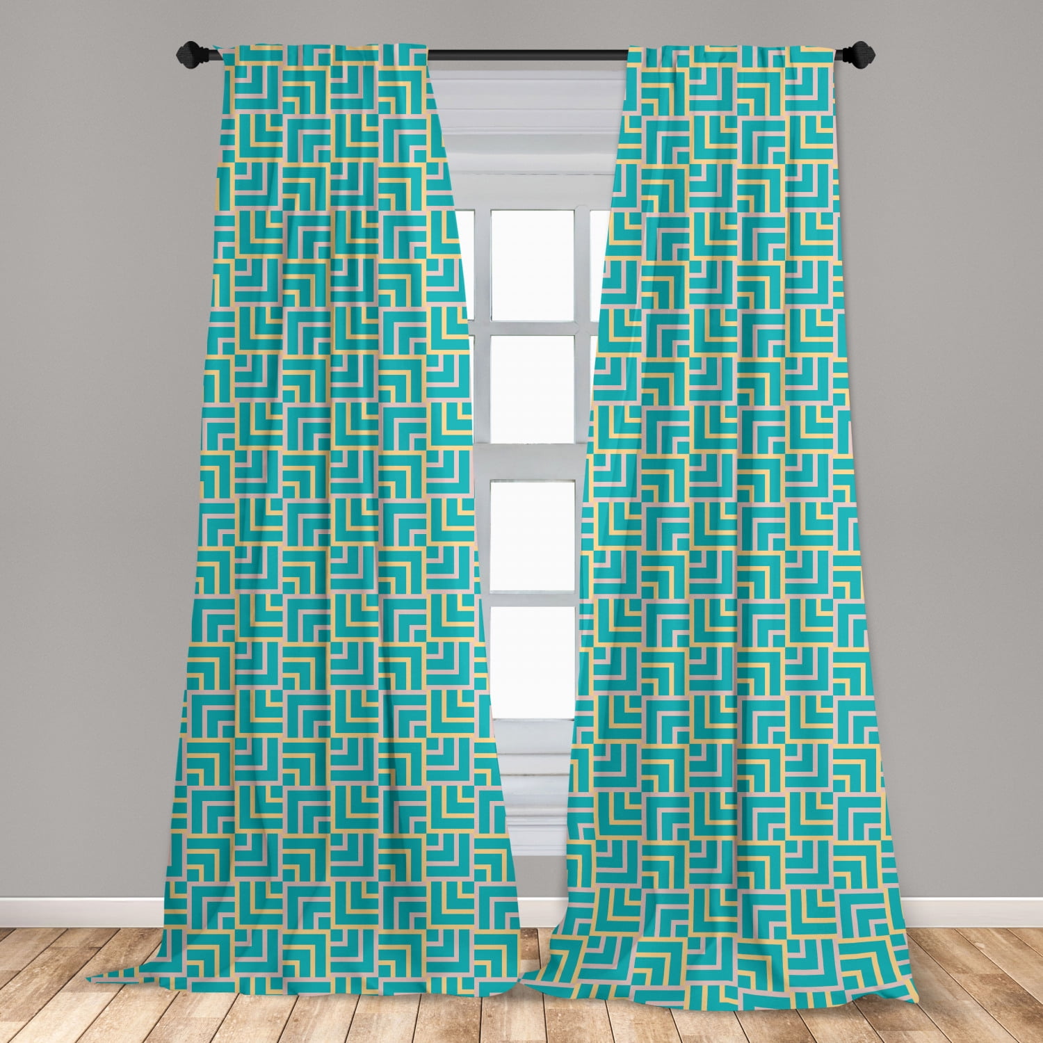 Turquoise Curtains 2 Panels Set, Art Deco Style Shapes Like Geometrical