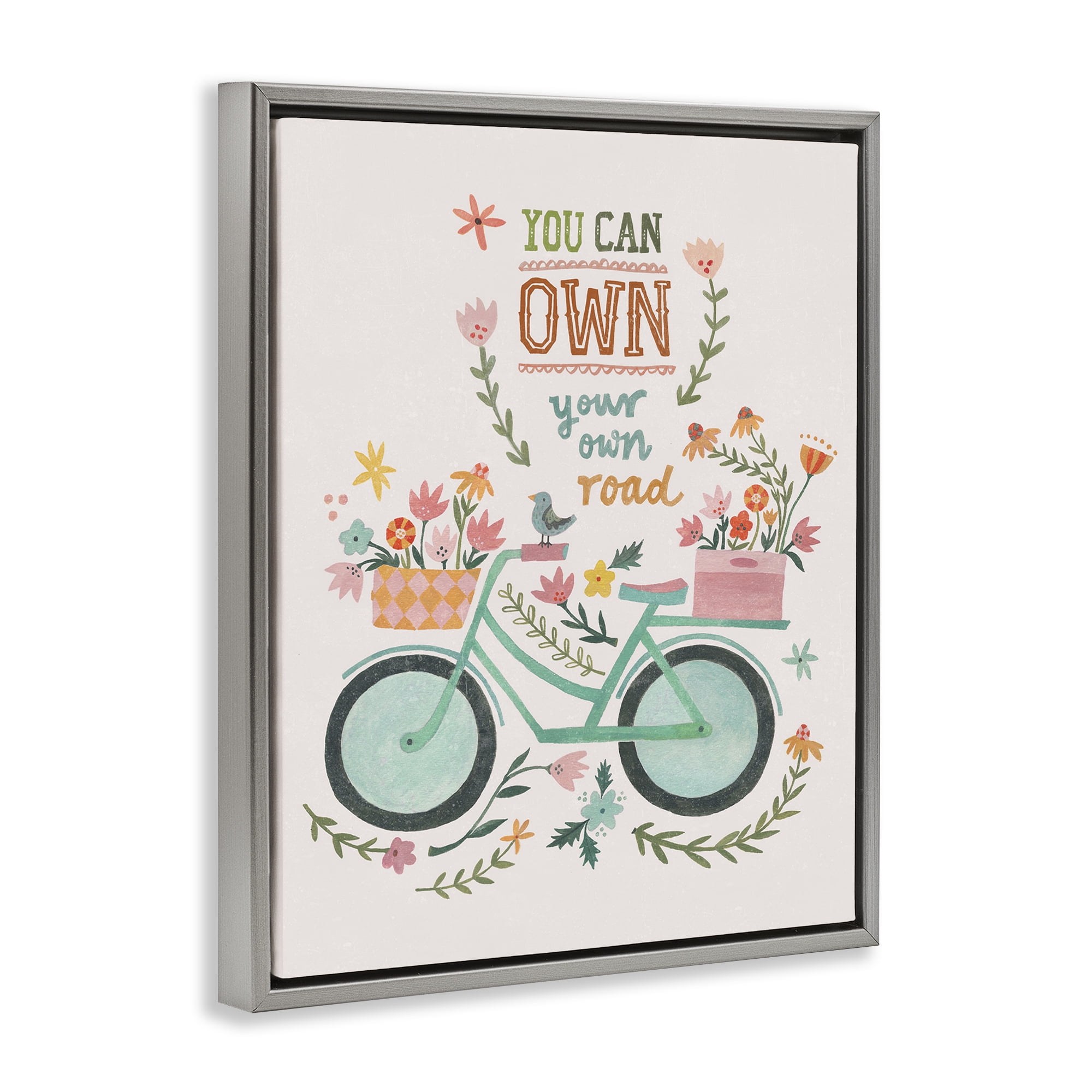 Stupell Industries Own Road Phrase with Bicycle Transportation Painting Gray Floater Framed Canvas Art Print Wall Art, 25 x 31