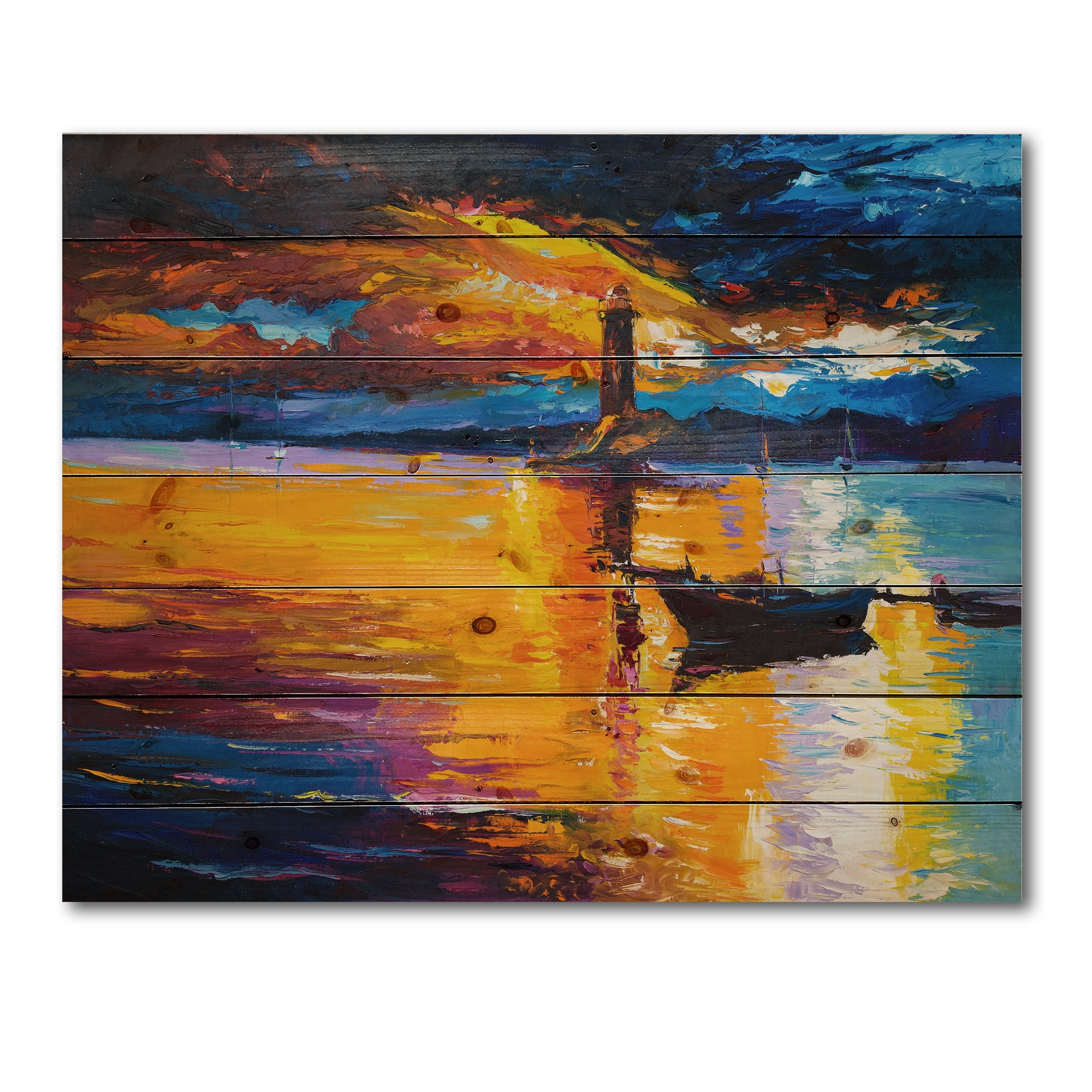 Designart 'Little Boat By Lighthouse During Evening Glow' Nautical & Coastal Print on Natural Pine Wood