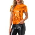 thumbnail image 4 of INSPIRE CHIC Women's Metallic Textured Short Sleeve Shiny Party Tops S Orange, 4 of 6
