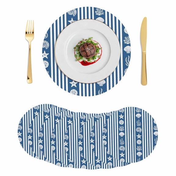 Navy Blue Striped Coastal Round 15 Inch Placemats Set of 8, Nautical Beach Starfish Shell HeatResistant Non Slip Place Mats for Dining Table, Wipeable Braided Kitchen Table Mats for Housewarming