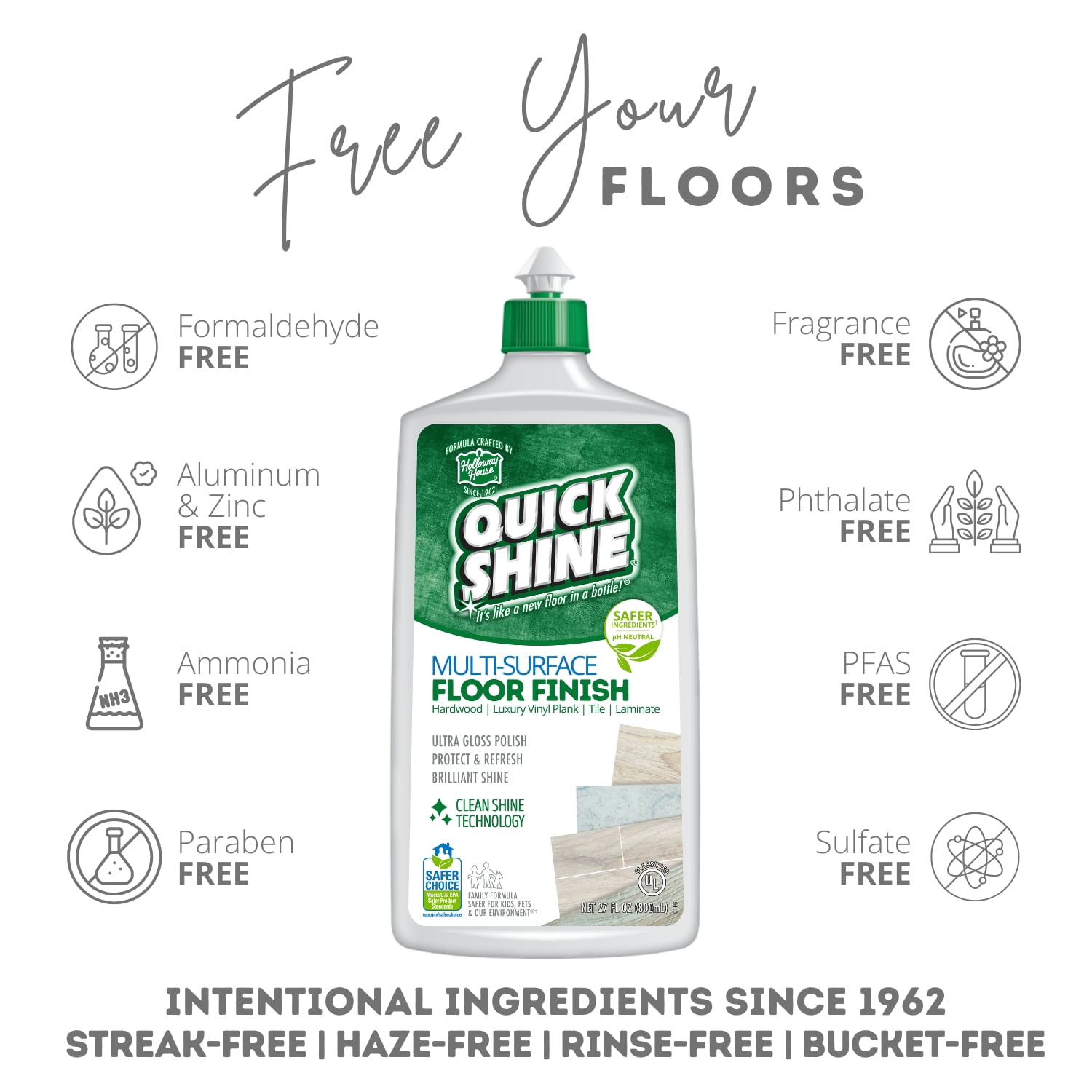 Quick Shine Multi-Surface Floor Finish, PFAS-Free Formula, All Purpose Household Floor Polish, 27 fl oz