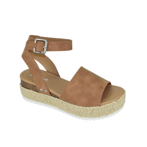 Soda Women Wedge Sandals Open Toe Ankle Strap Flatform Espadrilles Trim Platform TOPIC-S Tan Brown 8.5