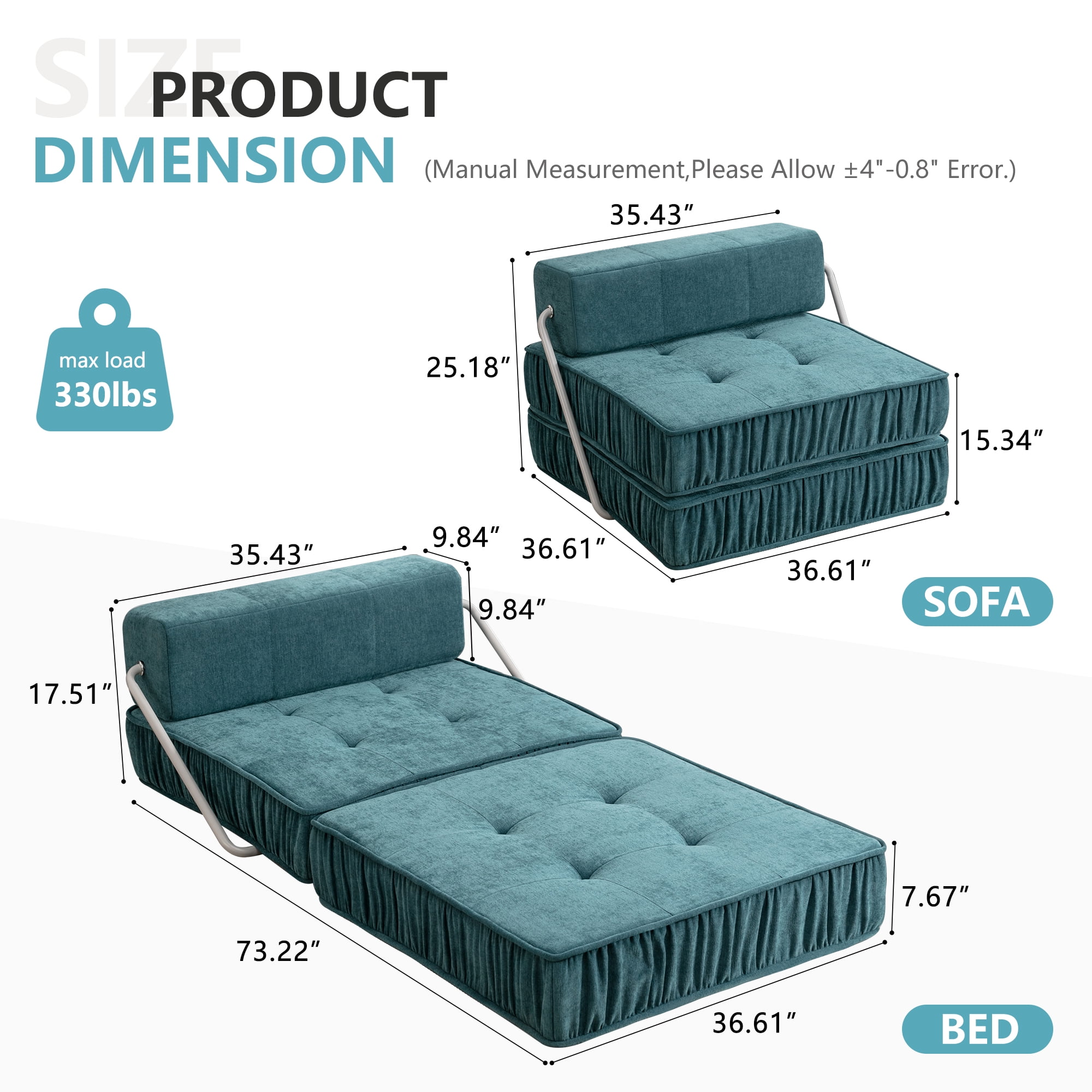 Folding Sofa Bed, Green Convertible Sleeper Chair with Removable Back Cushion and Non-Slip Bottom, Chenille Futon Floor Couch for Living Room, Guest Room, Home Office