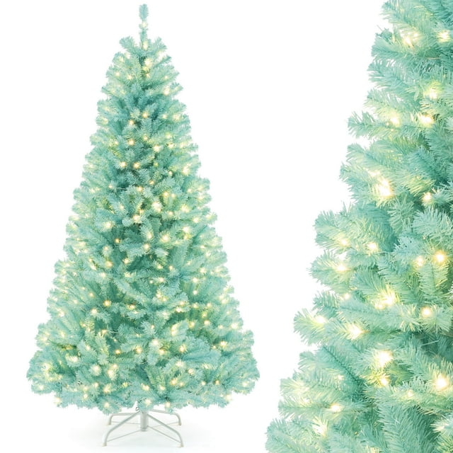 Costway 7 FT Artificial Xmas Tree with 1040 Branch Tips 380 Warm White LED Lights