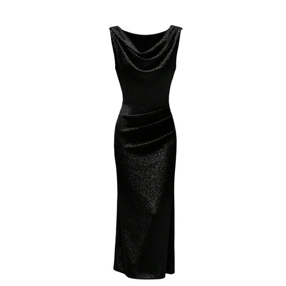 fheaev Women's Bodycon Long Dress Deep V Neck Sleeveless Ruched Glitter for Party Evening Black L