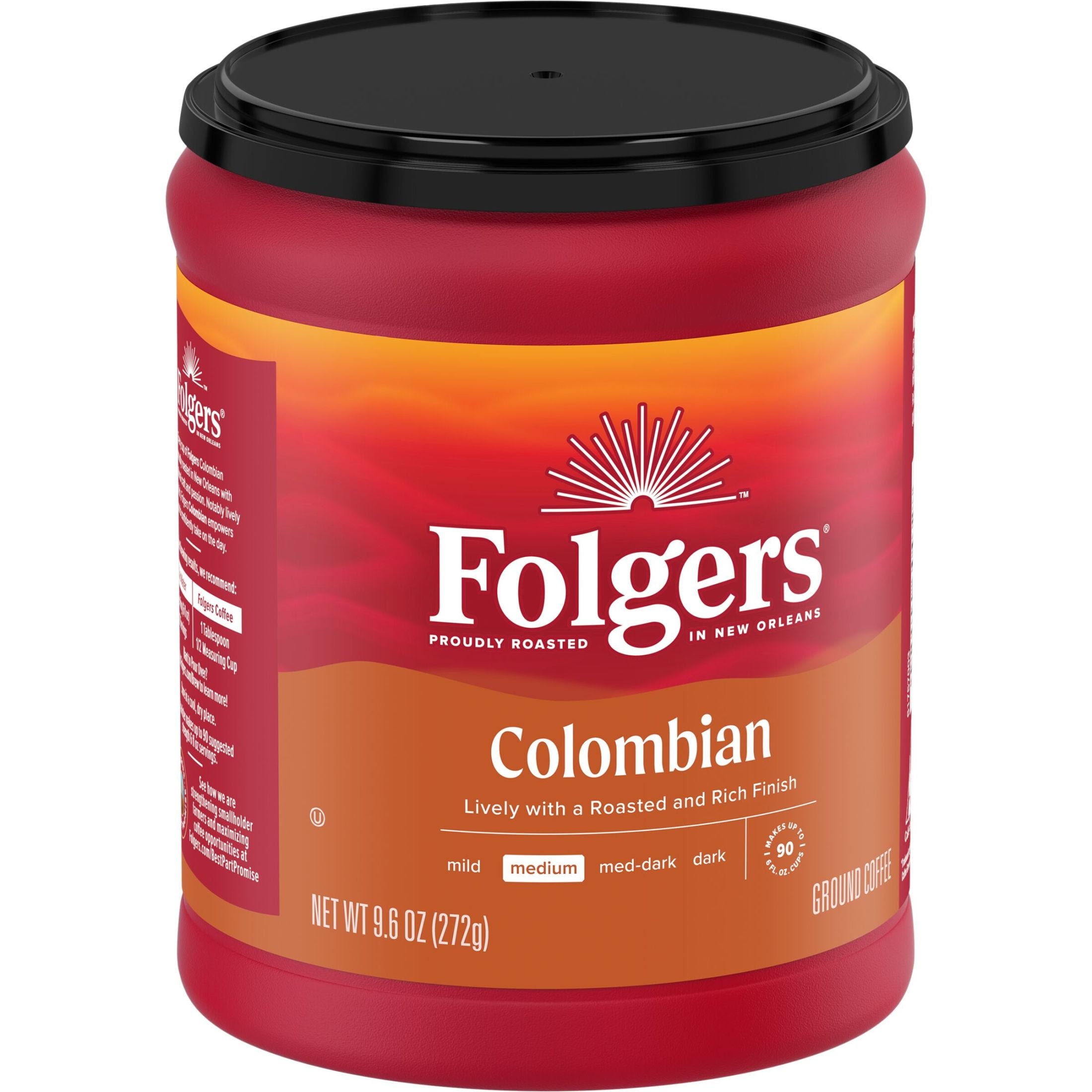 (6 pack) Folgers Colombian Ground Coffee, Medium Roast, 9.6 oz Canister