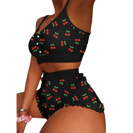 

Wrcnote Ladies Sleepwear Cami Top And Shorts Nightwear Scoop Neck Lounge Set Dailywear Spaghetti Straps Pajamas Sets 2 Pieces Outfits Cherry Printing XL
