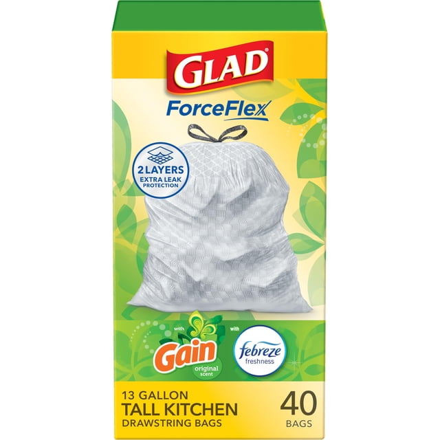 Glad® ForceFlex Bolsas de basura altas con cordón para cocina, bolsa de basura blanca de 13 galones, gana aroma original con frescura Febreze, 40 unidades (el paquete puede variar)