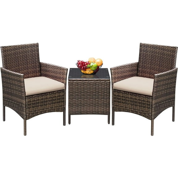 Vineego 3-Piece Patio Furniture Set PE Rattan Wicker Conversation Set Bar Set with Cushions (Brown/Beige)