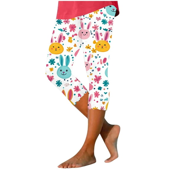 Idoravan Summer Leggings for Women Yoga Pants Women Easter Bunny Print Stretch Casual Print Yoga Cropped Pants