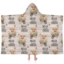 Beige Highland Cow Flower Cart Pattern Hooded Bath Towel，60"x35" for Ages 3 To 12 Kids, Quick Dry Lightweight Soft Microfiber Hood Beach Towel Cover Up for Kids