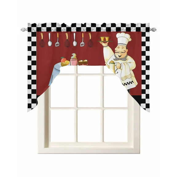 Fat Chef Kitchen Swag Valances for Windows, Black White Checkered Farmhouse Red Kitchen Cook Swag Valances Curtains for Living Room, Rod Pocket Window Treatments for Bathroom, Bedroom, Cafe, 56"x36"