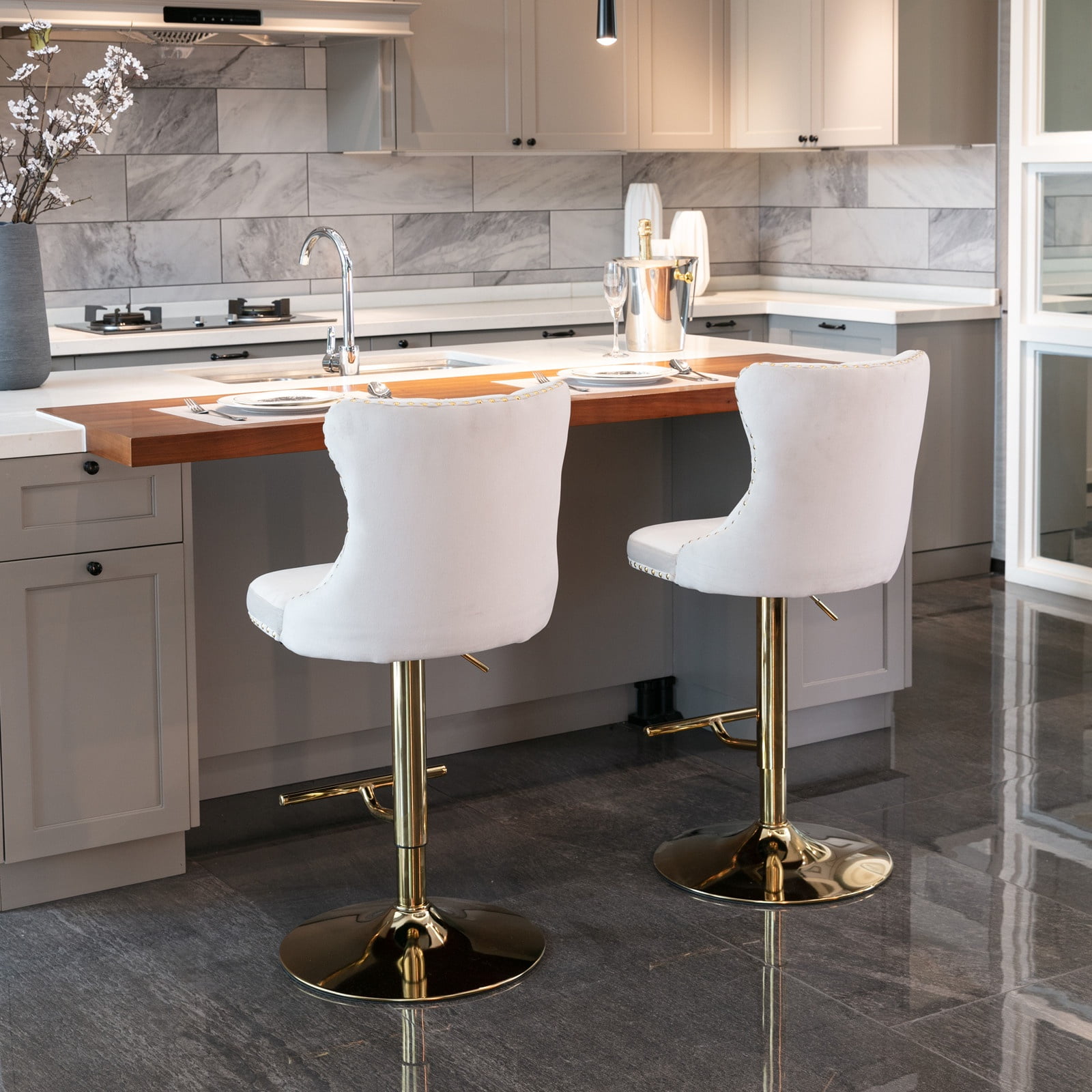 Swivel Bar Stools Set of 2, PAPROOS 25-33''Adjustable Height Bar Stool with Back, Velvet Upholstered Counter & Bar Height Bar Stool with Button Tufted & Nail Trim, Kitchen Island Chair, Beige & Gold