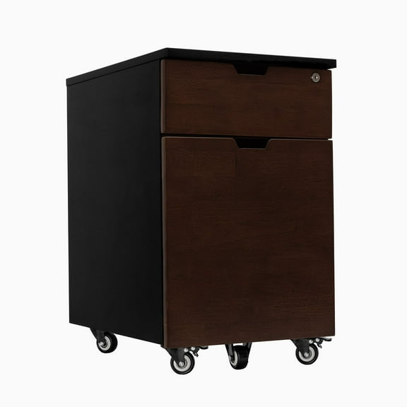 Desky Wooden Minimal Filing Cabinet - Black / Rubberwood Dark Walnut
