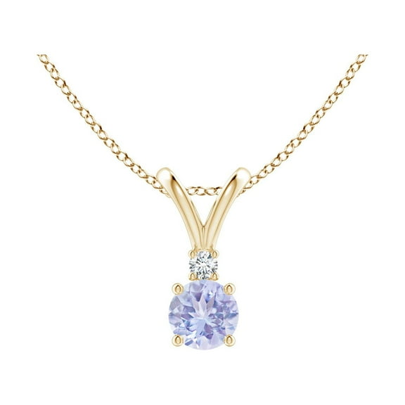 ANGARA Natural Round Tanzanite Solitaire V-Bale Pendant with Diamond in 14K Yellow Gold for Women (Size-4mm) | December Birthstone, Anniversary, Jewelry Gift for Women | Natural Tanzanite Necklace