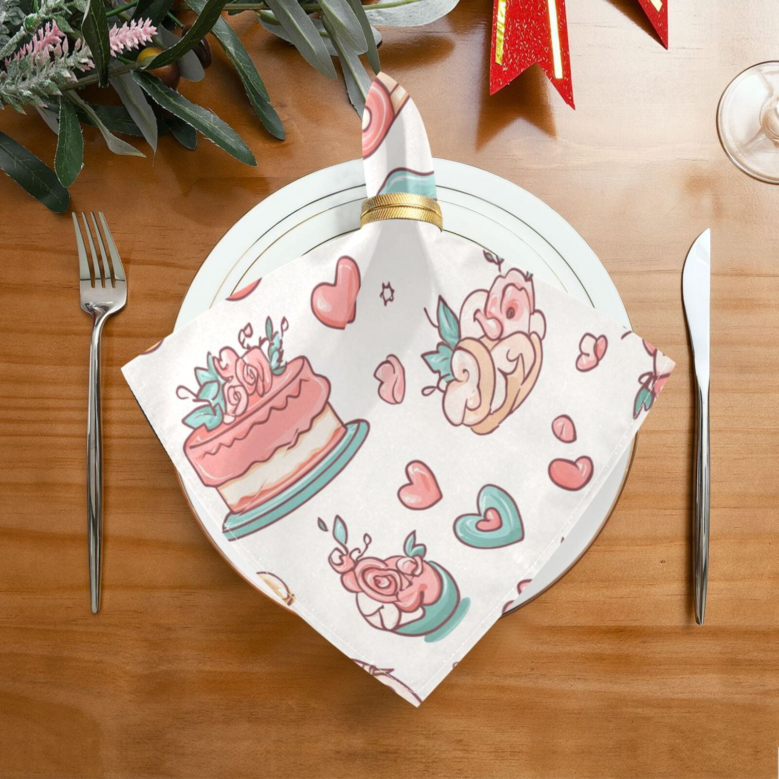 JSTEL Cartoon Wedding Heart Cloth Napkins Set of 6, 20x20 Inch Washable and Reusable Napkin for Decoupage Dinner Party Everyday Use