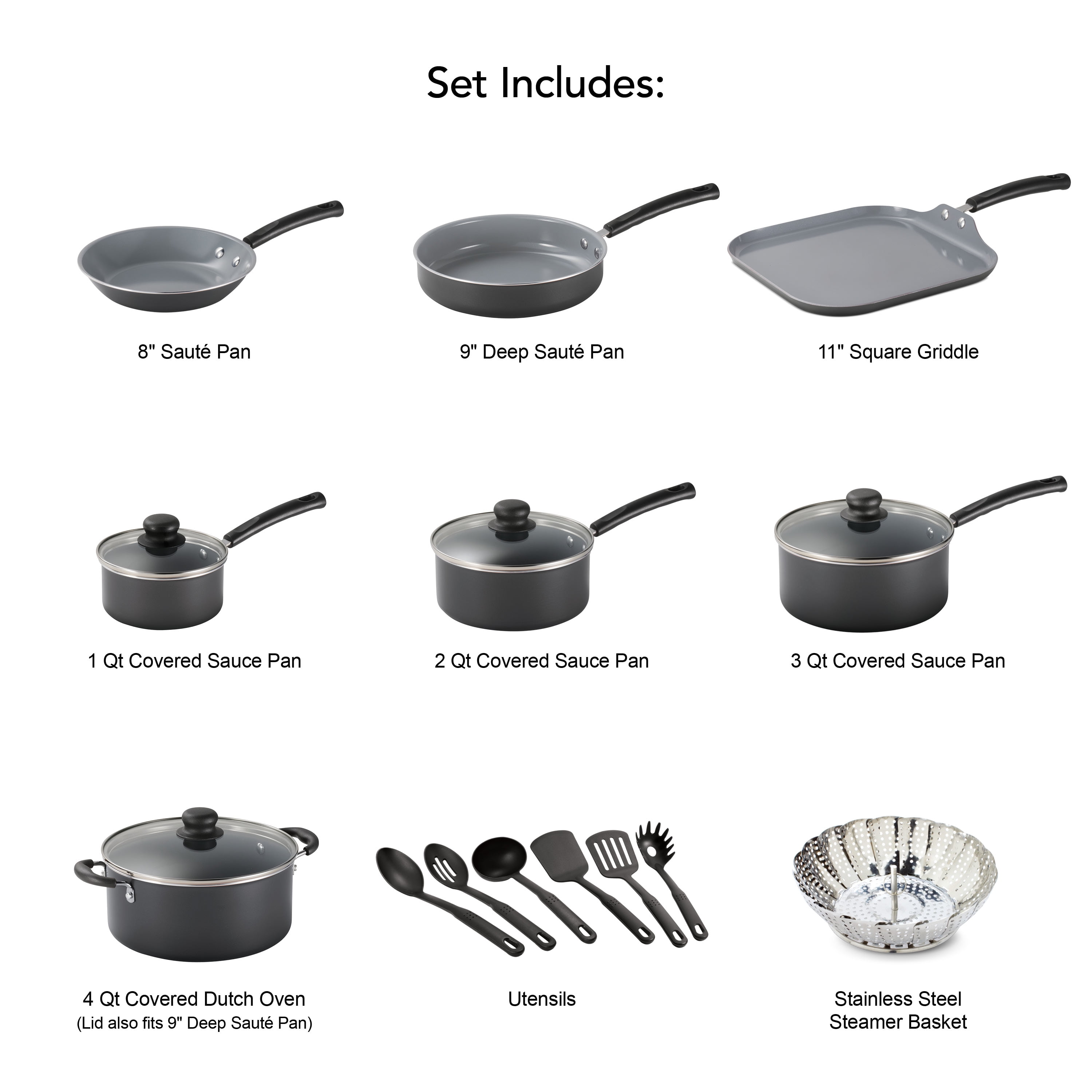 Tramontina Primaware 18 Piece CERAMIC Cookware Set, GRAY